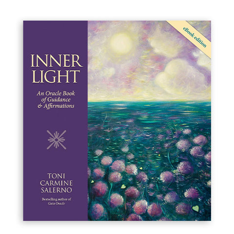 Knyga Inner Light, autorius Toni Carmine Salerno, violetinis viršelis su jūros ir gėlių iliustracija, e‑leidimas