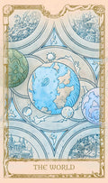 tarot korta The World: vertikali mėlyno‑smėlio iliustracija su planetomis centre ir dekoratyviniu auksiniu rėmu
