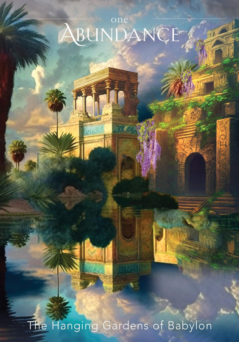 Plakatas Hanging Gardens of Babylon — ryškus aukso ir violetės motyvas su senovinės architektūros detalėmis ir veidrodiniu atspindžiu vandenyje