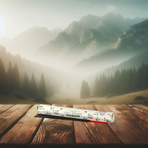 Smilkalai Lush Lavender 20 vnt., dekoratyvi dėžutė ant medinio stalo kalnų rūko fone, fotografuota iš priekio