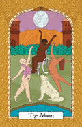 Mėnulio tarot korta su trimis besišokančiomis figūromis, žmogumi vežimėlyje ir vilku po pilnu mėnuliu