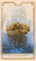 tarot korta The Hierophant: aukso ir mėlynos spalvų iliustracija su šarvuotu hierofantu sėdinčiu ant ledo uolų