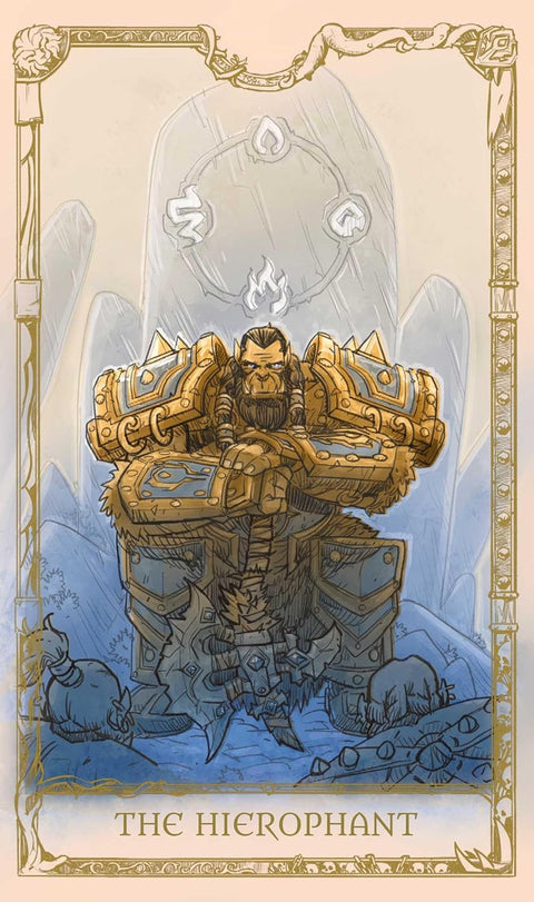 tarot korta The Hierophant: aukso ir mėlynos spalvų iliustracija su šarvuotu hierofantu sėdinčiu ant ledo uolų