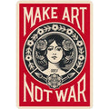 Plakatas OBEY raudonas–juodas su kremine juostele, frontaliu moters portretu ir "Make Art Not War" šūkiu, ideali sienai
