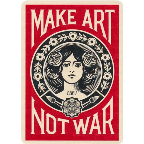 Plakatas OBEY raudonas–juodas su kremine juostele, frontaliu moters portretu ir "Make Art Not War" šūkiu, ideali sienai
