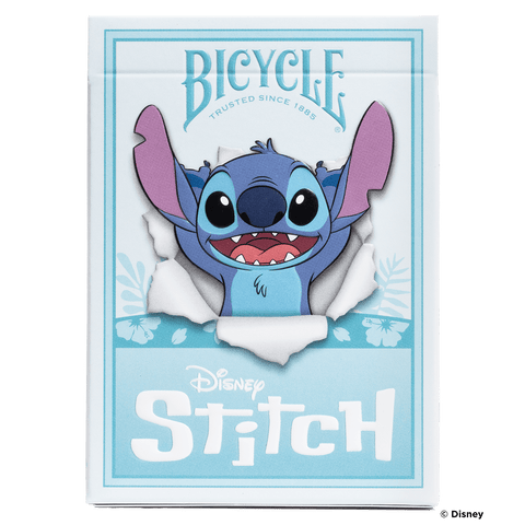 Kortų kaladė Bicycle Disney Stitch, šviesiai mėlyna pakuotė su Stitch išlendančiu pro plyšį, priekinis vaizdas