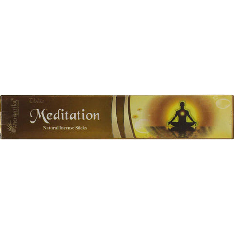 Meditaciniai smilkalai, ilgų rudi‑auksinių pakuotėje, natūralūs aromatai ramiems meditacijos ir atsipalaidavimo seansams