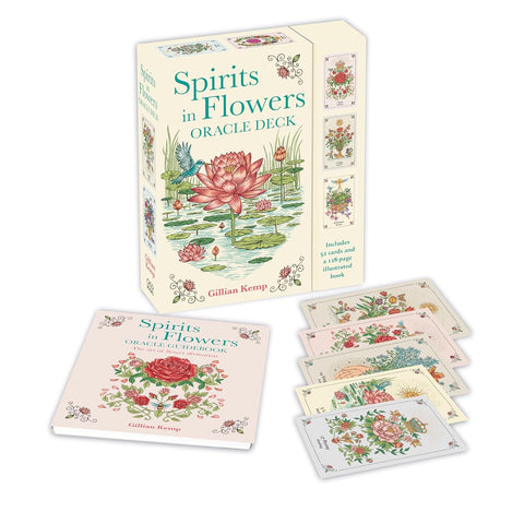 Orakulo kortos Spirits in Flowers Gillian Kemp, kremine dėžutė su 128 p. vadovu ir išskleistomis 52 gėlėtomis iliustruotomis kortomis