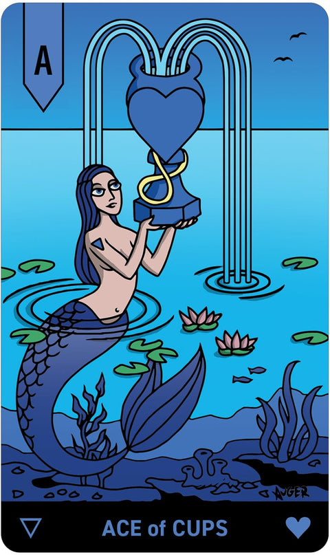 Taro korta Ace of Cups – mėlyna iliustracija: undinė laiko širdies formos taurę, simbolis emociniam atsinaujinimui és naujų jausmų pradžiai