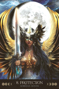 tarot korta Protection (Gibbous Moon), 8 numeris — auksinės ir juodos spalvos sparnai, karystė su kalaviju prieš pilnatį
