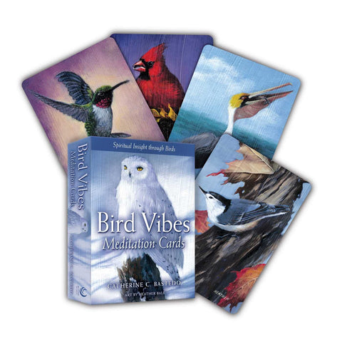 Meditacijos kortos Bird Vibes dėžutėje su snieginės pelėdos viršeliu, fanuotos penkiomis ryškiomis paukščių iliustracijomis ir matoma pakuotė