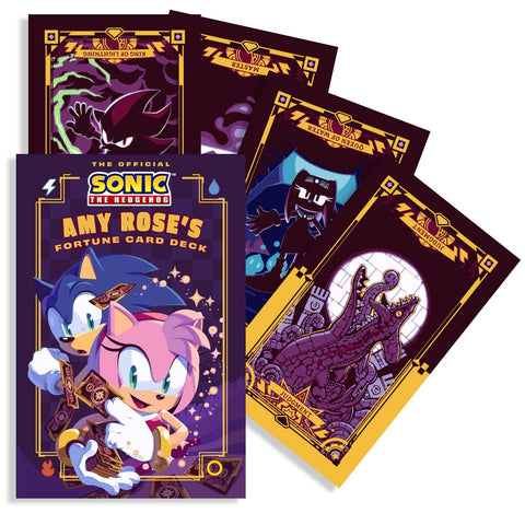Amy Rose pranaščių kortų rinkinys, oficialus Sonic dizainas: violetinė dėžutė ir fanuotos iliustruotos kortos su skirtingomis arkano nugarėlėmis