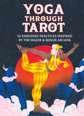 knyga Yoga Through Tarot su spalvingu viršeliu, geltonu kostiumu ir balansine jogos poza prieš raudoną saulę