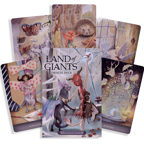 Oracle kortos 'Land of Giants' (Steven Hutton) — iliustruotų kortų rinkinys su viršelio dėkle ir keliais atverstais variantais