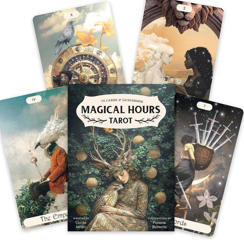 Tarot kortos Magical Hours — komplektas su gidu ir centrinio viršelio iliustracija bei keli atversti kortų pavyzdžiai