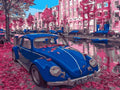 Tapyba Pagal Skaičius: „Mėlynas retro automobilis rausvai žydinčioje gatvėje“ 30x40 cm