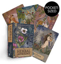 Herbal Astrology kišeninis orakulas – Adriana Ayales 55 kortų rinkinys su Joséphine Klerks iliustracijomis, dėžutė ir išskleista levandų korta