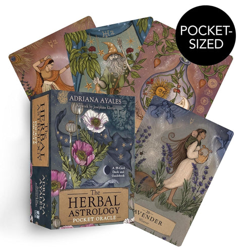 Herbal Astrology kišeninis orakulas – Adriana Ayales 55 kortų rinkinys su Joséphine Klerks iliustracijomis, dėžutė ir išskleista levandų korta