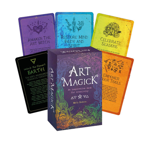Art Magick kortų rinkinys su violetine dėže ir šešiais spalvotais įkvėpimo kortomis, skirtas kūrybai ir meditacijai