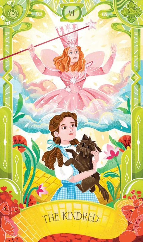 tarot korta The Kindred – ryški priekinė iliustracija: mergaitė su šuniuku ir rūžava fėja viršuje