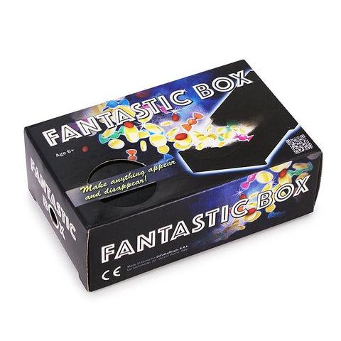 Magijos dėžutė Fantastic Box juoda pakuotė su spalvotu dizainu ir apverčiama anga, rodanti triuko mechanizmą