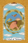 tarot korta Wheel of Fortune su gyvate apsivijusia ratu, susirietusiu žmogumi, kylančia saule ir ereliu, geltoni ornamentai