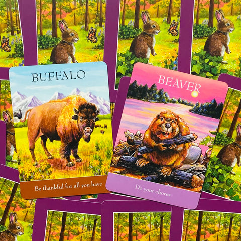 Orakulo kortos su gyvūnų iliustracijomis, rodoma dvi pavyzdinės kortos (buffalo, beaver) ryškiais fonais ir violetiniais rėmeliais