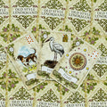 Lenormand kortos Old Style, atverstos trys kortos — Šuo, Gandras, Žvaigždės — ant raštuoto galinio dizaino, viršutinis kampinis išdėstymas