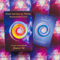 Kortų rinkinys From Survive to Thrive (Sharon Tal), kosminė violetinė dėžutė su spalvota spiralė ir atversta mėlyna Self-acceptance korta