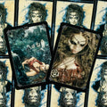Tarot kortos su gotiškais iliustracijomis, dvi kortos (juodas rėmas, raudoni ir žali tonai) ant atkartoto galinio piešinio