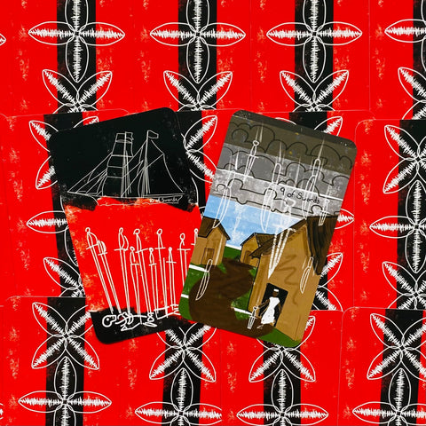 tarot kortos su ryškiomis raudonomis nugarėlėmis, dvi atverstos kortos (juoda–raudona ir kaimiška scena), pasvirusios kampu