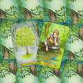 tarot kortos su pelėdų nugarėlėmis, dvi atverstos kortos – Keturi iš iššūkių ir Keturi iš regėjimų ant žaliuojančio fono