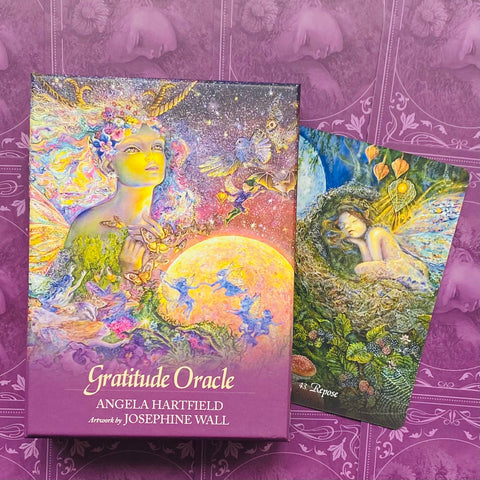 Gratitude Oracle kortų rinkinys, Angela Hartfield autorės purpurinė dėžutė su Josephine Wall iliustracija ir šalia kampu atidėta korta Repose