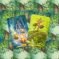 tarot kortos iš Woodland Tarot rinkinio, atviri 'Three of Spells' ir 'Two of Boons' su žalia pelėdos nugarėle