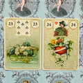 Lenormand kortos, priekiniai paviršiai: kortos 23 (žiurkės) ir 24 (širdis) detalus artimas kadras ant mėlyno fono