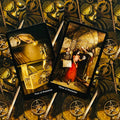 tarot kortos Steampunk rinkinys – arti sufokusuotos keturių ir trijų pentaklių kortos su mechaninėmis nugarėlėmis