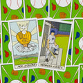 Tarot kortos beisbolo tematika, dvi kortos (Ace of Gloves ir Manager of Bats) atviros ant žalio, kamuolio ir lazdelės rašto