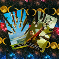 Tarot kortos RWS stiliaus, Seven of Wands ir Eight of Wands variantai ant kosminio mėnulio fono, dvi kortos persidengia kampu