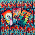 tarot kortos spalvingas rinkinys su trimis atverstomis kortomis ir pasikartojančia raštuota nugarėle