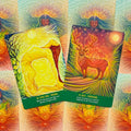 Oracle kortos su Camel Pose (geltona) ir Deer Compassion (raudona) iliustracijomis, dviejų skirtingų dizainų rinkinys meditacijai ir skaitymams