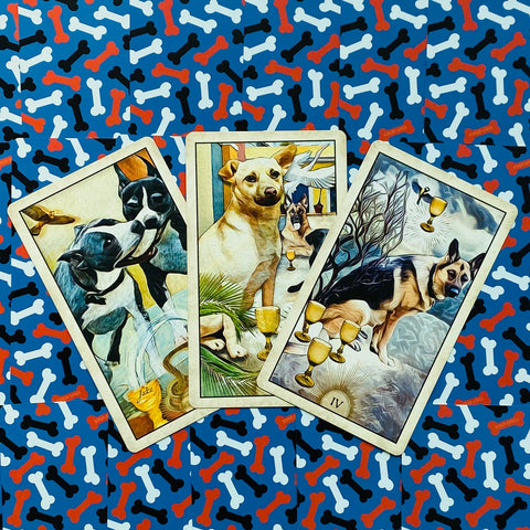 Tarot kortos su šunų iliustracijomis, trys atvertos kortos fanuotos ant mėlyno kauliukų fono