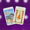 Tarot kortos Rider–Waite stiliaus, dvi priekinės kortos (Death, Hanged Man) fiksuotos ant violetinio raštuoto audinio