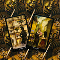tarot kortos su steampunk nugarėle, dvi atverstos kortos (Septynios taurės, Šešios taurės) pasvirusiu kampu, detalūs priekiai