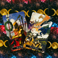 tarot kortos — dviejų kortų komplektas (Six of Wands, Five of Wands) ant kosminio mėnulio fono, aukštos raiškos kampu