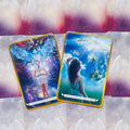 Angelų kortos su spalvingomis iliustracijomis, dvi matomos kortos: Chakra Balancing ir Angel of Good News