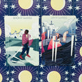 Tarot kortos dviejų kortų rinkinys su „Six of Swords“ ir „Seven of Swords“ iliustracijomis ant tamsiai mėlyno mėnulio žvaigždžių fono, parinktis su skirtingomis kortų priekinėmis iliustracijomis