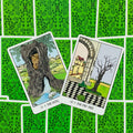 tarot kortos su žaliu lapų raštuotu gale, dvi atverstos kortos kampu — The Hollow ir The Dry Tree su medžių iliustracijomis