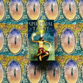 Spiritual Tarot kortos dėžutė su magišku šokėjo piešiniu, centre ant spalvingo ovalių portalų fono