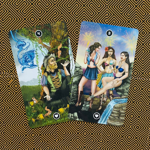Tarot kortos su dviem iliustruotais variantais — 4 puodelių atvirkštinė scena ir 3 puodelių šventė