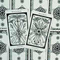 Taro kortos juodai baltos, dvi atverstos kortos (Seven of Wands ir Six of Wands) ant ornamentinės kortų nugarėlės